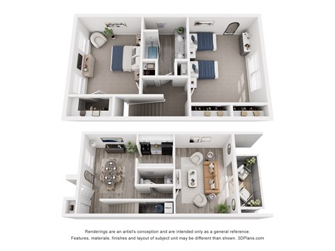 A 3D floor plan of a house with two bedrooms, a living room, a kitchen, and a bathroom.